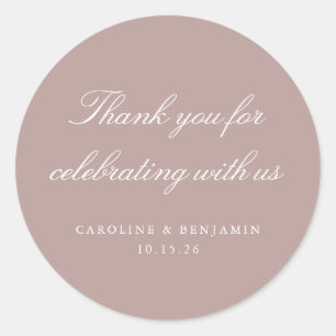 Pegatina Redonda Elegante Personalizado Boda de Mauve Script Gracia