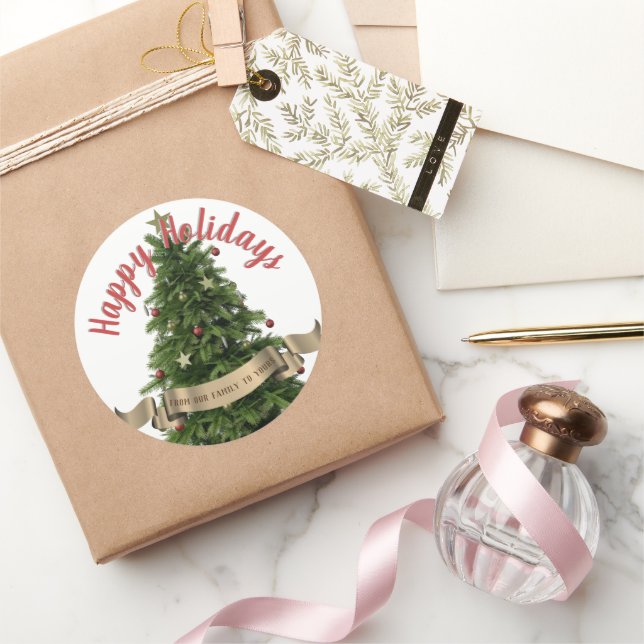 Pegatina Redonda Elegante Personalizado de Árbol de Navidad Felices (Regalar)