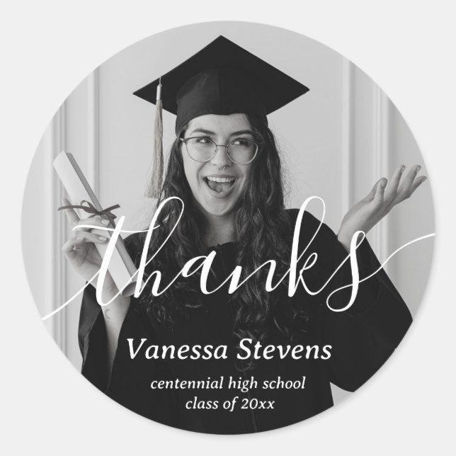 Pegatina Redonda Elegante Personalizado de guión Foto gracias Gradu (Anverso)