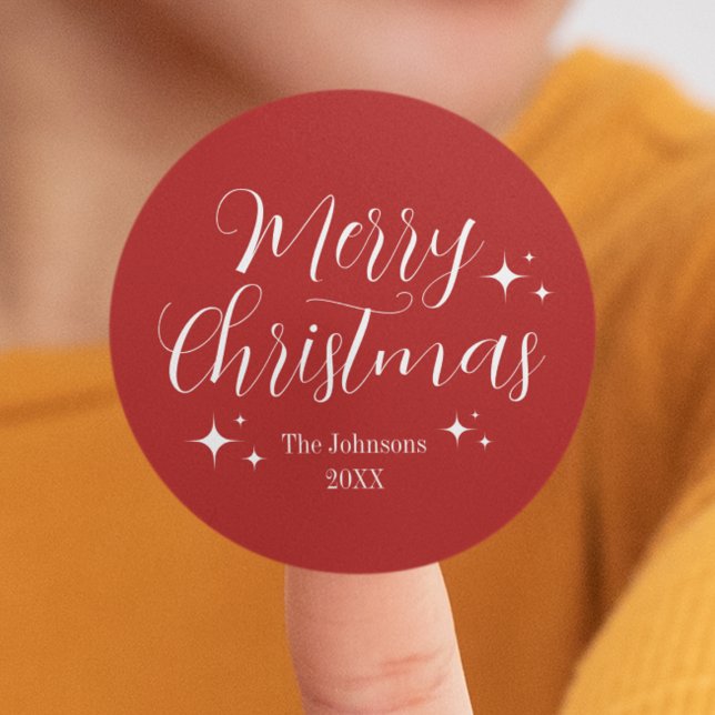 Pegatina Redonda Elegante Personalizado de guión rojo Feliz Navidad (Red Script Elegant Custom Merry Christmas Classic Round Sticker
)