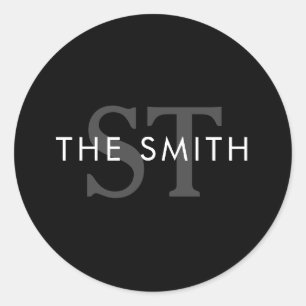 Pegatina Redonda Elegante Personalizado de Monograma Inicial Blanco