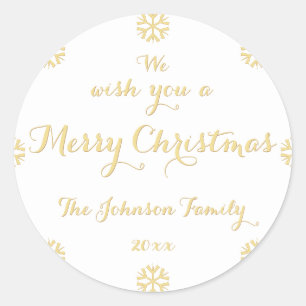 Pegatina Redonda Elegante Personalizado Faux Gold Feliz Navidad Sno