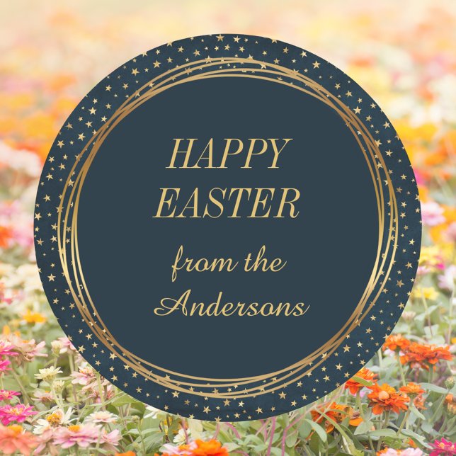 Pegatina Redonda Elegante Personalizado Gold Star Feliz Pascua (Religious Christian Catholic Elegant Gold Star Pattern Custom Happy Easter Classic Round Sticker)