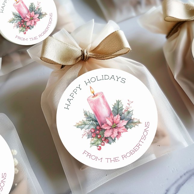 Pegatina Redonda Elegante PERSONALIZADO Navidades de acuarela (Elegant CUSTOM Watercolor Christmas Candle Classic Round Sticker
)