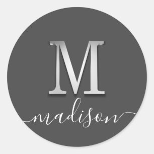 Pegatina Redonda Elegante Personalizado plateado Monograma M Nombre
