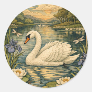 Pegatina Redonda Elegante pintura de cisne blanco al acuarela vinta
