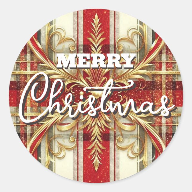 Pegatina Redonda Elegante Planta Festividad Roja y de Oro (Anverso)