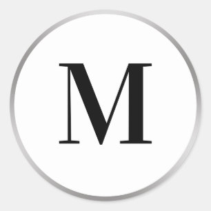 Pegatina Redonda Elegante plantilla de monograma blanco y plateado 