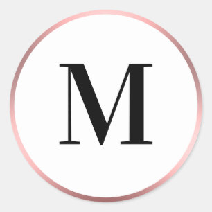 Pegatina Redonda Elegante plantilla de monograma rosa negro y blanc