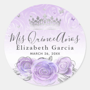 Pegatina Redonda Elegante Plantilla Quinceañera de Luz Morada Plate