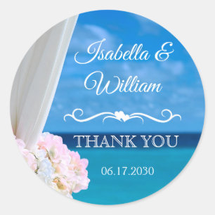 Pegatina Redonda Elegante Playa Floral Blue Ocean Beach Gracias