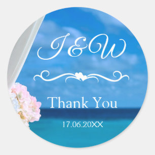 Pegatina Redonda Elegante Playa Floral Blue Ocean Beach Gracias
