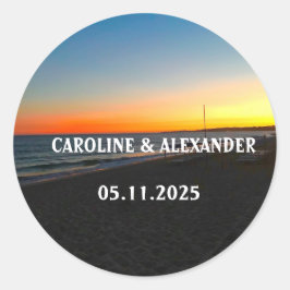 Pegatina Redonda Elegante Playa Tropical Océana de Verano Sunset Ha