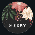 Pegatina Redonda Elegante Poinsettia Merry Christmas Watercolor<br><div class="desc">____________________________**este diseño es parte de una colección de vacaciones para navidades*** Paso a un mundo de encanto de vacaciones eterno con mi colección de "Flora festiva: Navidades Splendor Poinsettia Delight". 🌸 🎄 Aprovecha la magia de la temporada con una fascinante mezcla de flores, exuberantes hojas de pino verde, gruesas bayas...</div>