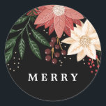 Pegatina Redonda Elegante Poinsettia Merry Christmas Watercolor<br><div class="desc">____________________________**este diseño es parte de una colección de vacaciones para navidades*** Paso a un mundo de encanto de vacaciones eterno con mi colección de "Flora festiva: Navidades Splendor Poinsettia Delight". 🌸 🎄 Aprovecha la magia de la temporada con una fascinante mezcla de flores, exuberantes hojas de pino verde, gruesas bayas...</div>