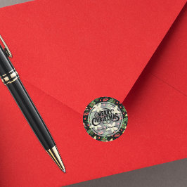 Pegatina Redonda Elegante Poinsettia y Berries en negro