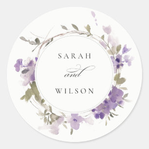 Pegatina Redonda Elegante pradera rústica Lilac Floral Wreath Boda