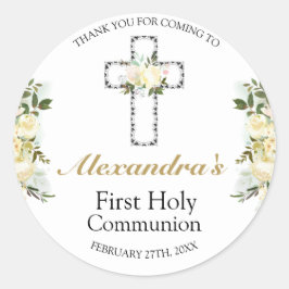 Pegatina Redonda Elegante Primera Cruz Floral De Comunión Santa