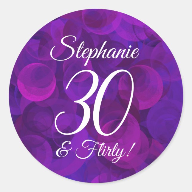 Pegatina Redonda Elegante Purple 30 y Flirty Birthday Favor (Anverso)
