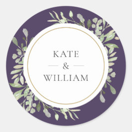 Pegatina Redonda Elegante Purple Greenery Boda Gold Favor