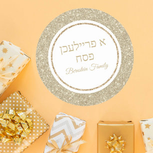Pegatina Redonda Elegante Purpurina de oro A Freilichen Pesach Pass