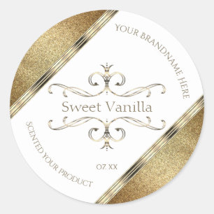 Pegatina Redonda Elegante Purpurina de Oro Ornate Etiquetas de Prod