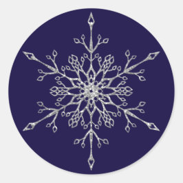 Pegatina Redonda Elegante Purpurina de Plata Navidades de copos de 