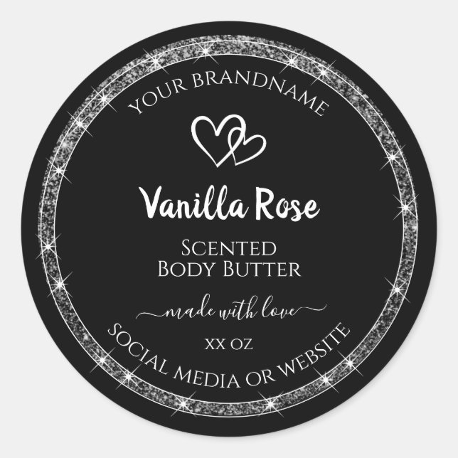 Pegatina Redonda Elegante Purpurina de plata negra Estrellas de pro (Anverso)