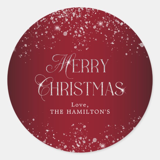 Pegatina Redonda Elegante Purpurina de Plata Roja Feliz Navidad (Anverso)