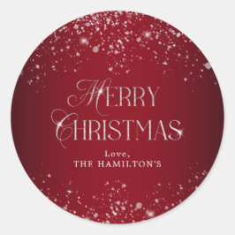 Pegatina Redonda Elegante Purpurina de Plata Roja Feliz Navidad