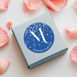 Pegatina Redonda Elegante Purpurina Glam Silver Nombre azul Monogra