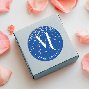 Pegatina Redonda Elegante Purpurina Glam Silver Nombre azul Monogra