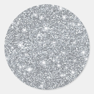 Pegatina Redonda Elegante Purpurina Glamoroso de Plata Faux
