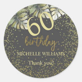 Pegatina Redonda Elegante Purpurina Gold Palm Calligraphy Cumpleaño