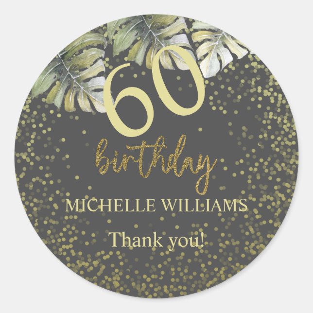 Pegatina Redonda Elegante Purpurina Gold Palm Calligraphy Cumpleaño (Anverso)