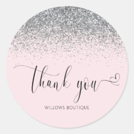 Pegatina Redonda Elegante Purpurina Plata Rosa Gracias