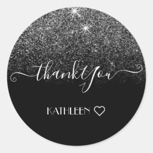 Pegatina Redonda Elegante Purpurina suave de lluvia plateada negra 