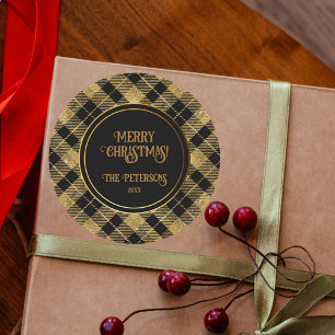 Pegatina Redonda Elegante Purpurina Tartan Black Gold