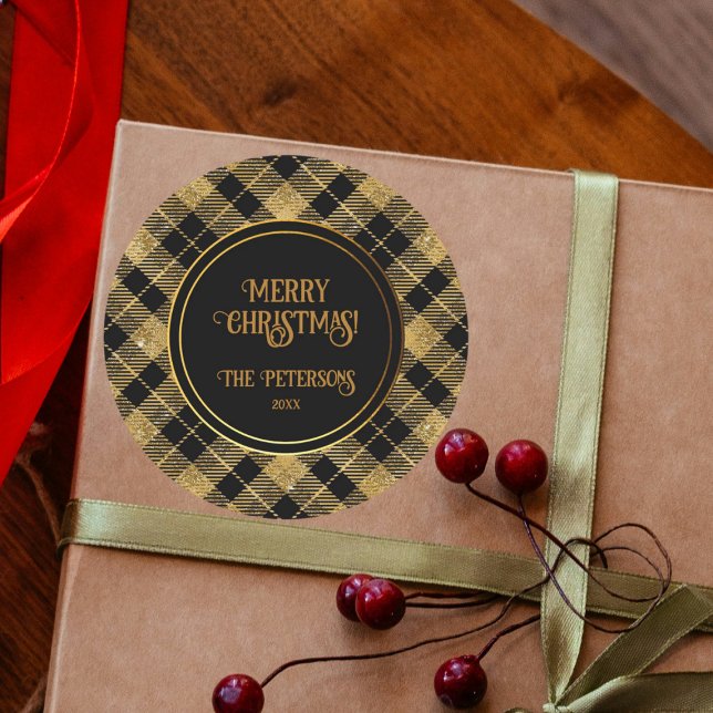 Pegatina Redonda Elegante Purpurina Tartan Black Gold (Subido por el creador)