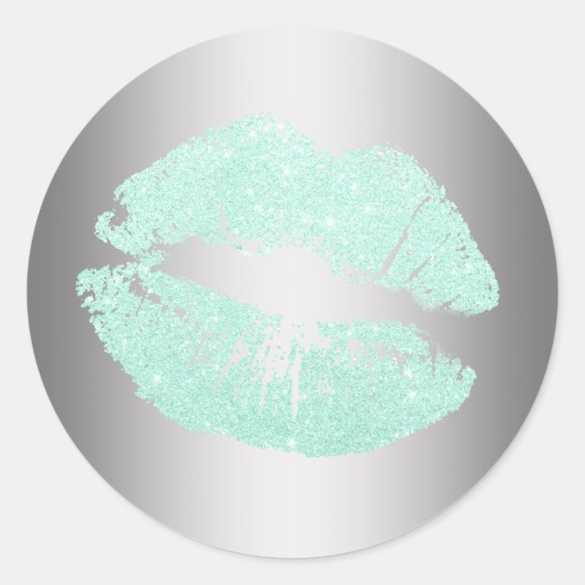 Pegatina Redonda Elegante purpurina verde menta moderna labios plat (Anverso)