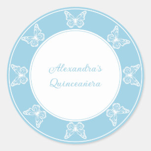 Pegatina Redonda Elegante Quinceañera Azul Claro - Mariposa Clásica