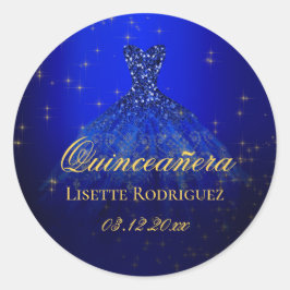 Pegatina Redonda Elegante Quinceañera Azul y Dorado Personalizada