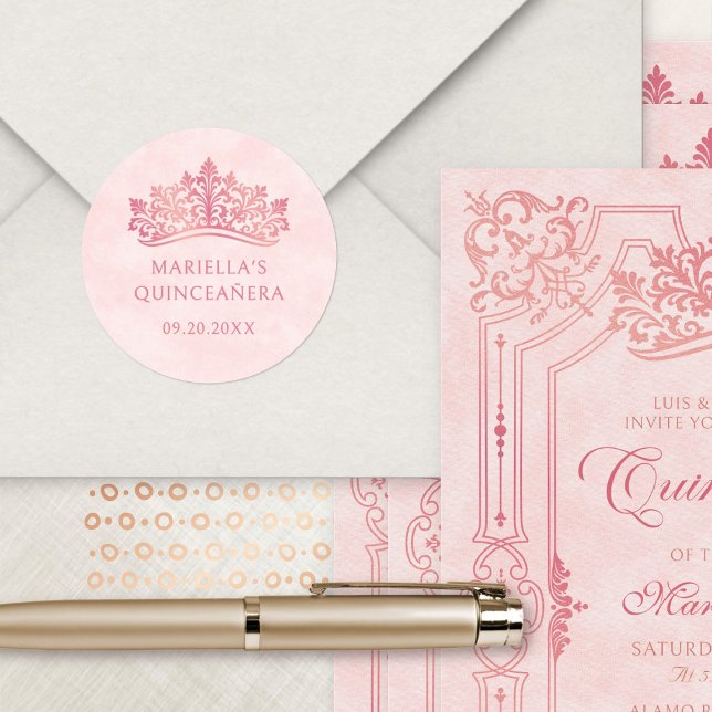 Pegatina Redonda Elegante Quinceanera de la Corona Rosa de Tiara (Subido por el creador)