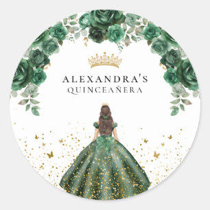 Pegatina Redonda Elegante Quinceañera Floral Falso Foil Esmeralda