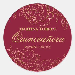 Pegatina Redonda Elegante Quinceañera Floral Rojo Borgoña Dorado