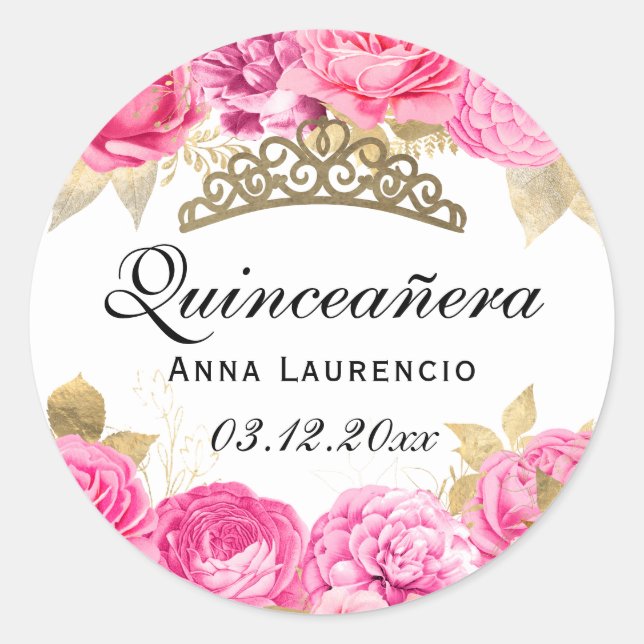 Pegatina Redonda Elegante Quinceanera floral rosa caliente (Anverso)
