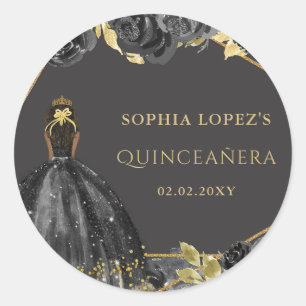 Pegatina Redonda Elegante Quinceañera Princesa Floral Negro Oro