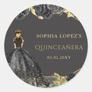 Pegatina Redonda Elegante Quinceañera Princesa Floral Negro Oro