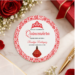 Pegatina Redonda Elegante Quinceañera Real Roja