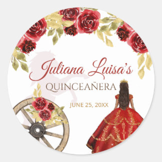 Pegatina Redonda Elegante Quinceañera Red Gold Charra Crown Horses